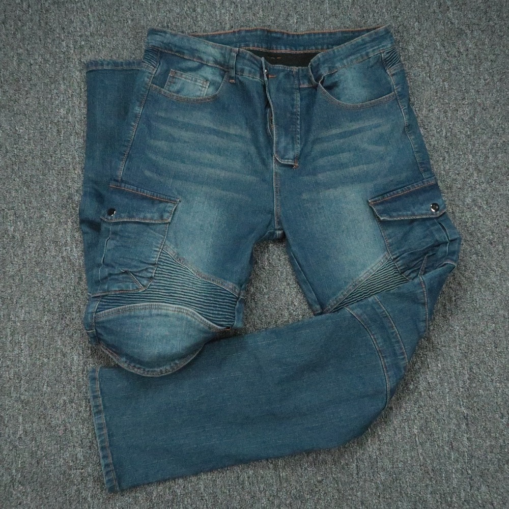 NBT Jeans Mens XXL Blue Moto Biker Cargo Stretch Ribbed Knee Pad